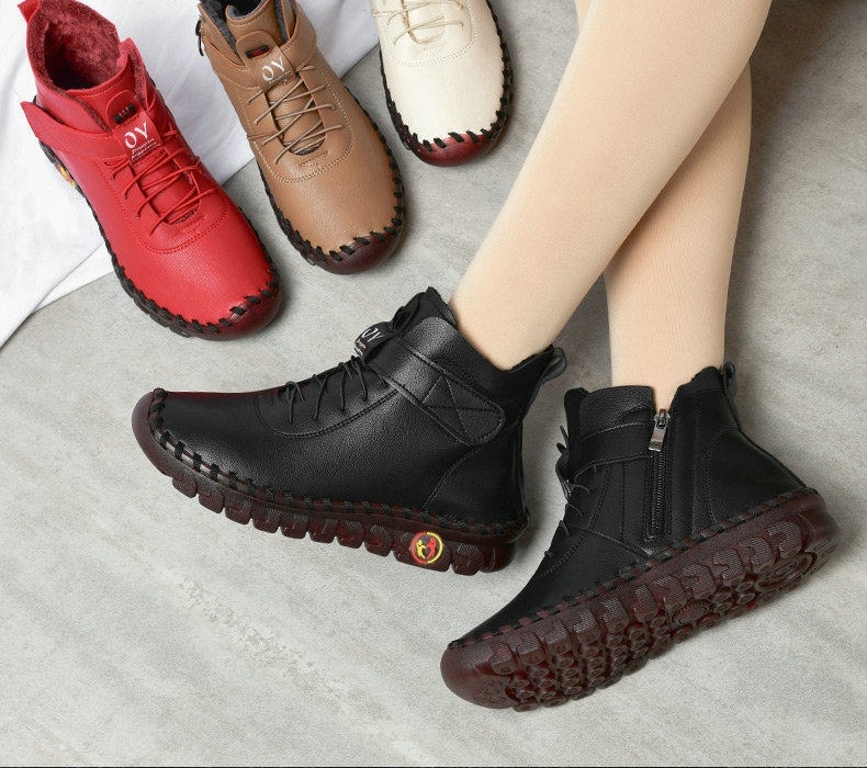 Giày Cao Cổ Nữ Lót Lông Giữ Ấm Chiều Cao Đế Khoảng 3cm Màu Kem, Đen, Đỏ, Nâu chi tiết 4