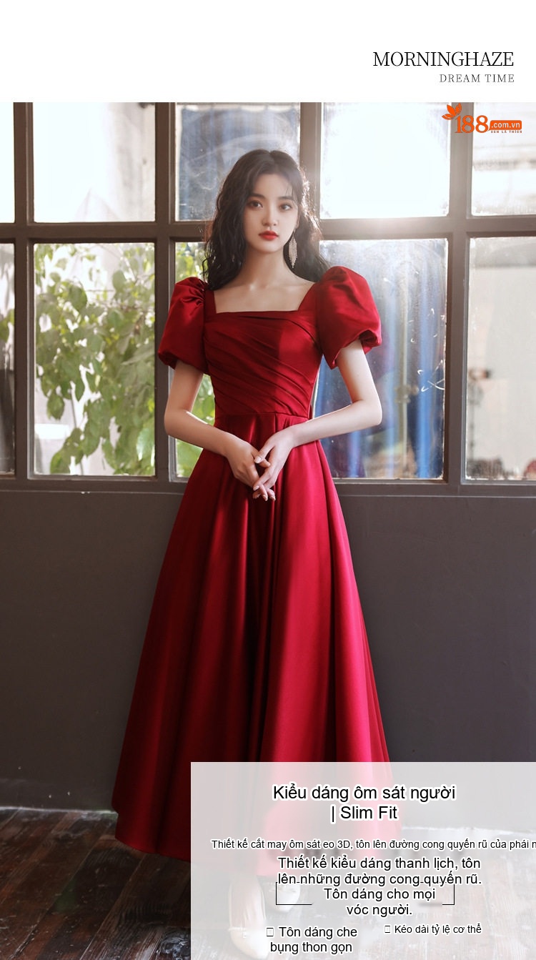 Váy Dạ Hội Nữ Tay Bồng Cổ chữ Vuông Dáng Dài Phù Hợp Đám Hỏi, Ăn Tiệc Màu Đỏ chi tiết 4