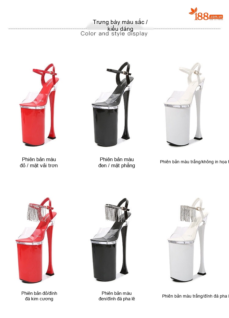 Giày Sandal Cao Gót Nữ Quai Trong Suốt Đế Cao 26cm Gót Siêu Cao Cho Show Diễn Màu Đen, Đỏ, Trắng chi tiết 1