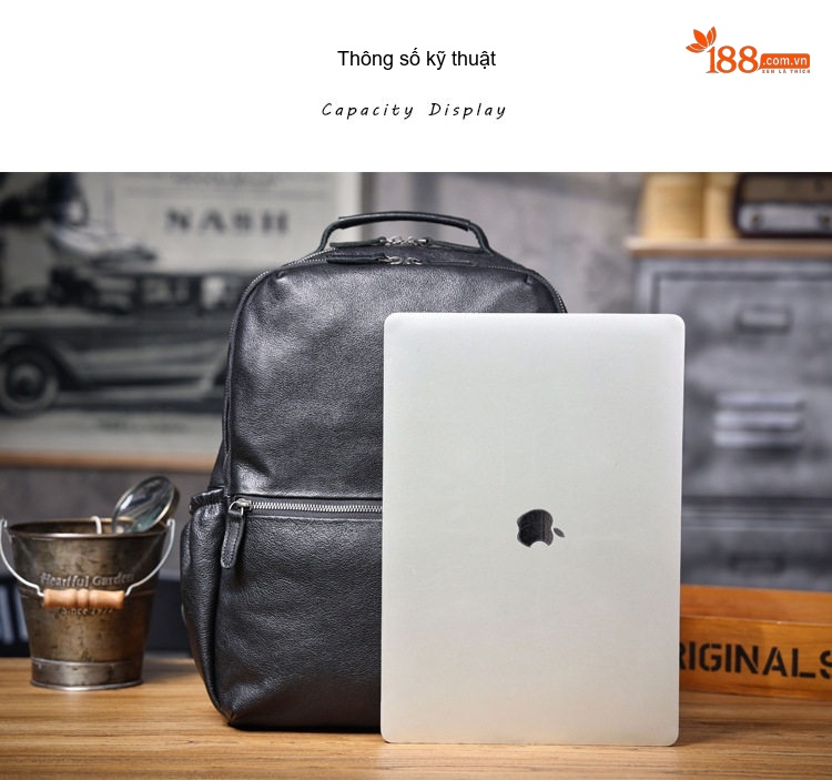 Balo Da Bò Hai Quai Nam Thủ Công Dung Tích Lớn Đựng Laptop Màu Đen chi tiết 13