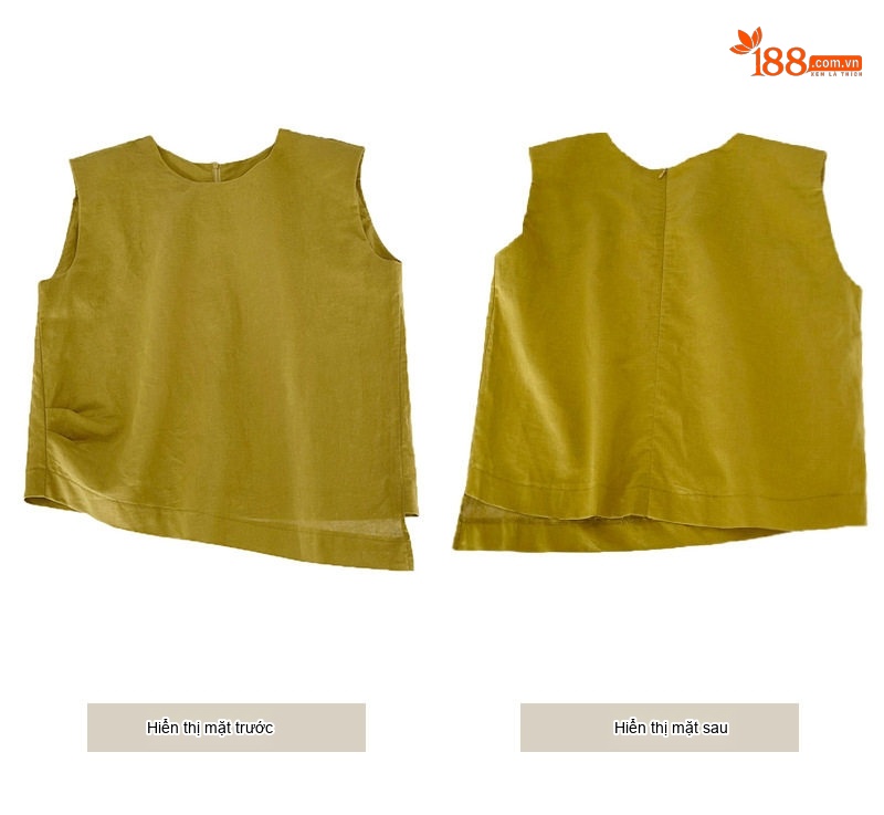 Áo Sơ Mi Nữ Không Tay Cổ Tròn Linen Rút Dây Bên Hông Phong Cách Tối Giản Màu Vàng, Đen chi tiết 13