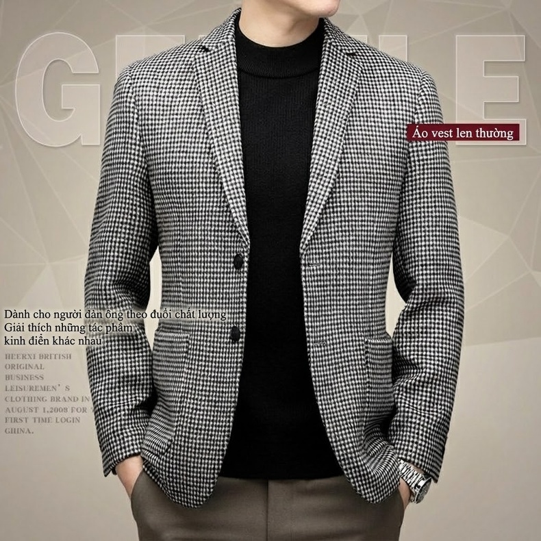 Áo Vest Nam Wool Kẻ Houndstooth Dáng Ôm Phong Cách Hàn Quốc chi tiết 1