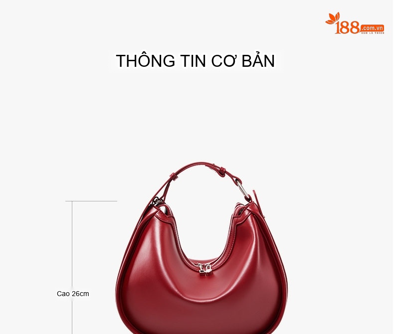 Túi Đeo Vai Nữ Da Thật Thiết Kế Trăng Lưỡi Liềm Đeo Nách Đeo Chéo Màu Đỏ, Nâu, Đen chi tiết 7