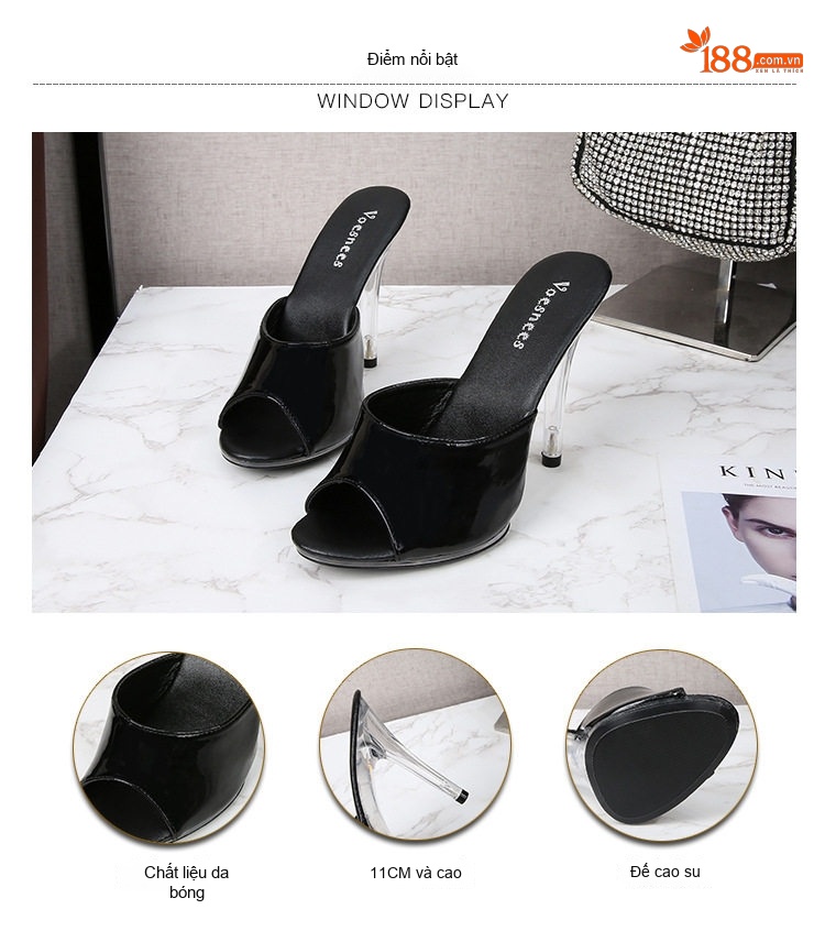 Dép Gót Nhọn Nữ Da Bóng Hở Mũi Chiều Cao Đế 11cm Màu Đen, Đỏ, Da Báo, Xanh... chi tiết 5