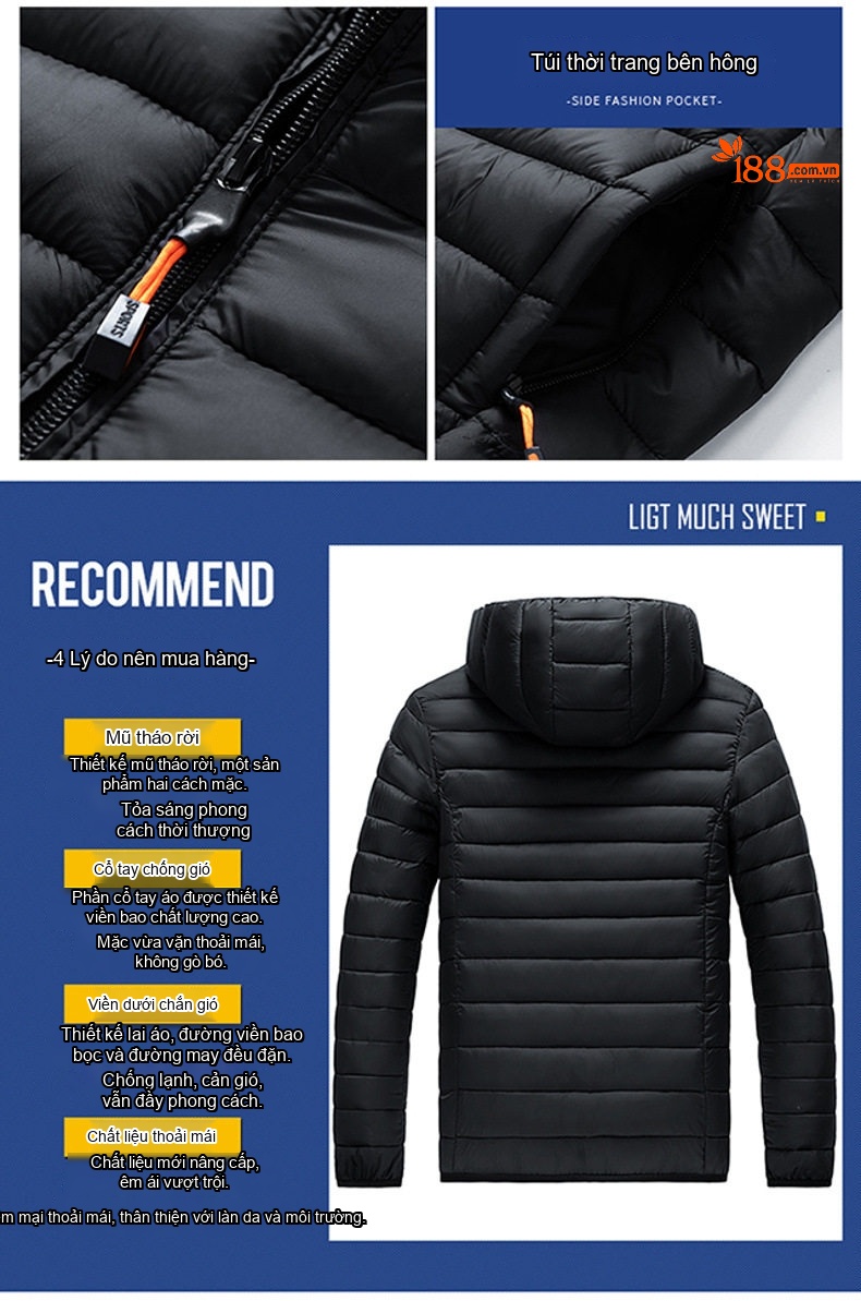 Áo Khoác Phao Nam Cotton Mũ Trùm Đầu Có Thể Tháo Rời Dáng Rộng Màu Đen, Xám chi tiết 3