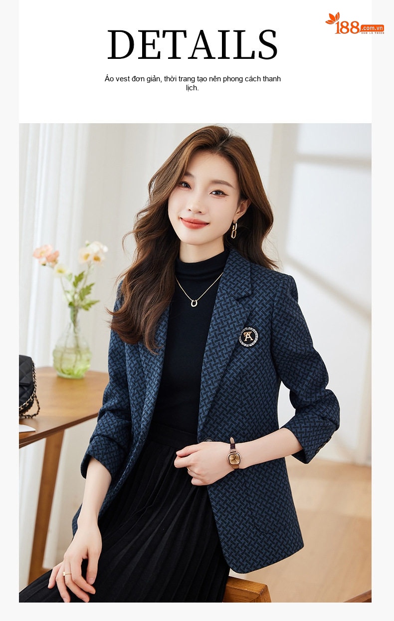 Áo Blazer Nữ Thu Đông Dáng Ôm Họa Tiết Caro Màu Xám, Nâu chi tiết 8