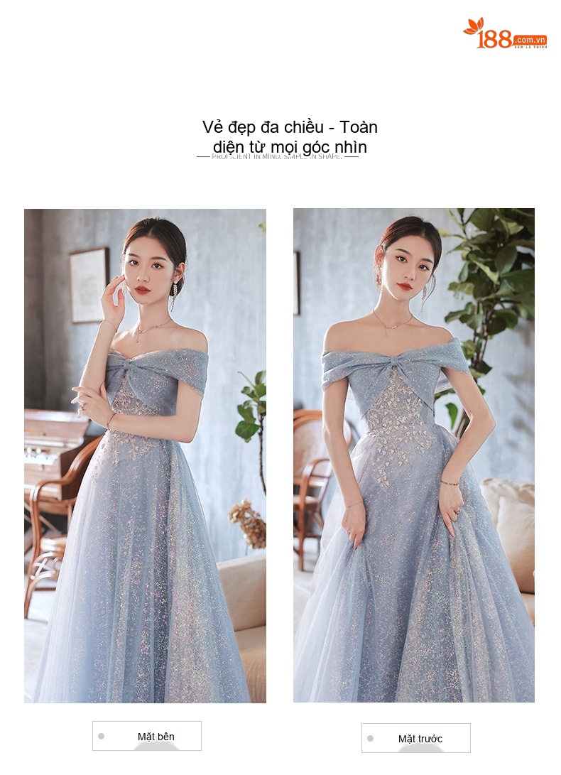Váy Dạ Hội Nữ Hở Vai Thiết Kế Sang Trọng Màu Xanh Lam chi tiết 3