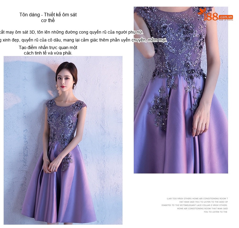 Váy Dạ Hội Dáng Dài Xòe Dự Tiệc Trang Trọng Thêu Hoa Màu Tím chi tiết 4