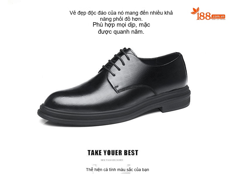 Giày Tây Buộc Dây Nam Da Bò Chiều Cao Đế 8cm Thoáng Khí Màu Đen chi tiết 3