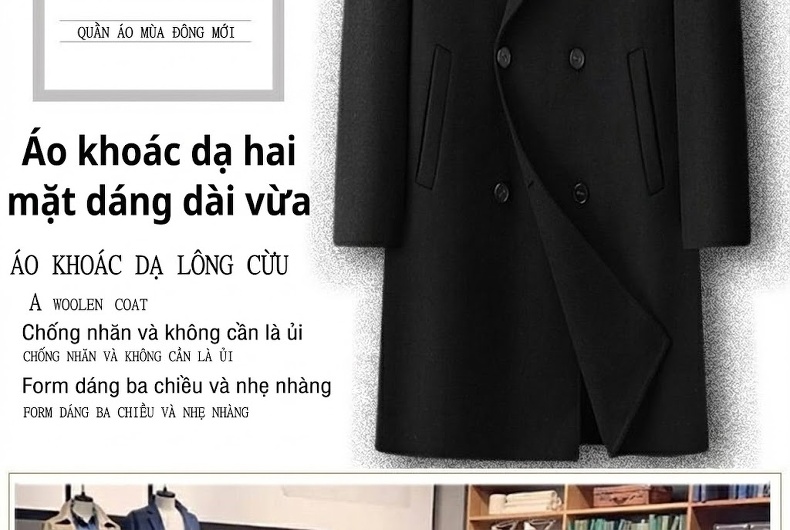 Áo Khoác Dạ Nam Lông Cừu Dáng Dài Double Breasted Màu Nâu, Đen, Xám chi tiết 1