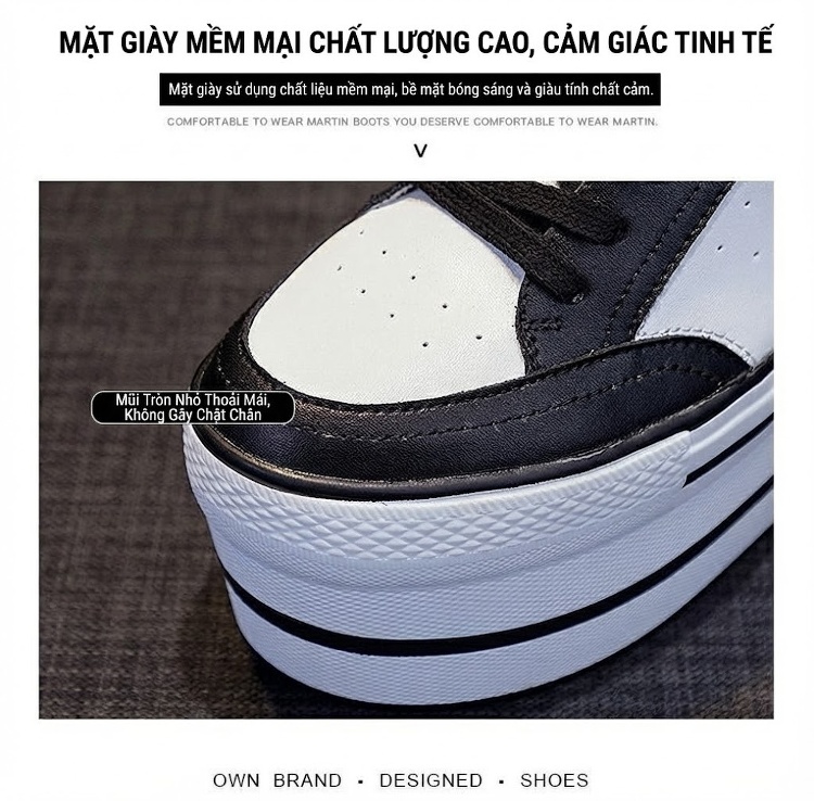 Giày Thể Thao Nữ Đế Cao 8cm Giày Bánh Mì Da Bò Buộc Dây Màu Trắng, Đen chi tiết 10