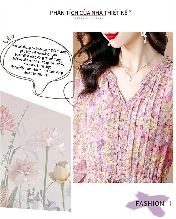 Váy liền thân Nữ Lụa Tằm Tơ Họa Tiết Hoa Nhỏ dáng chữ A Chiết Ly Eo Thon chi tiết 2