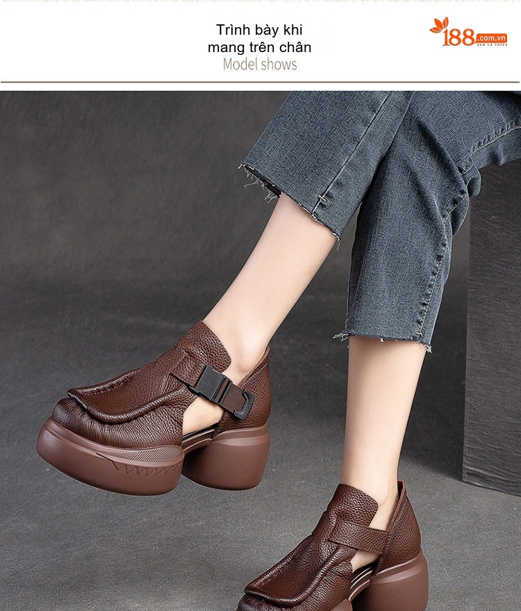 Dép Sandal Nữ Da Bò Hở Mũi Quai Dán Đế Cao 5cm - 6cm Màu Đen, Nâu chi tiết 7