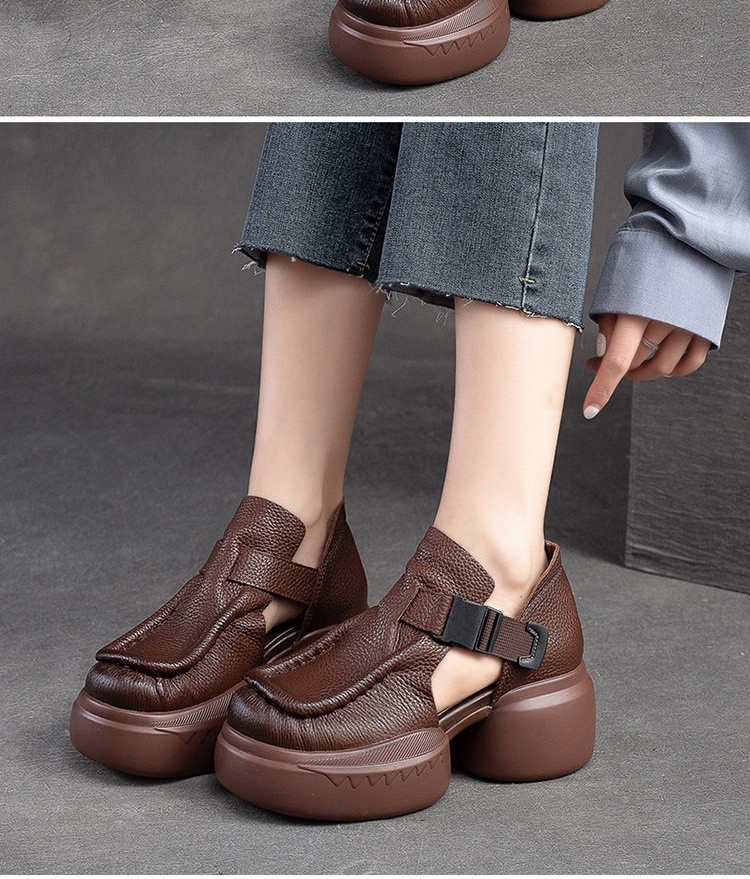 Dép Sandal Nữ Da Bò Hở Mũi Quai Dán Đế Cao 5cm - 6cm Màu Đen, Nâu chi tiết 8