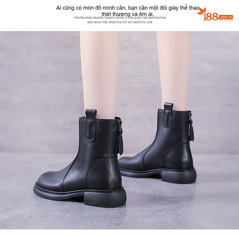 Boot Chelsea Nữ Da Bò Chiều Cao Đế Khoảng 3cm Màu Đen, Nâu chi tiết 13