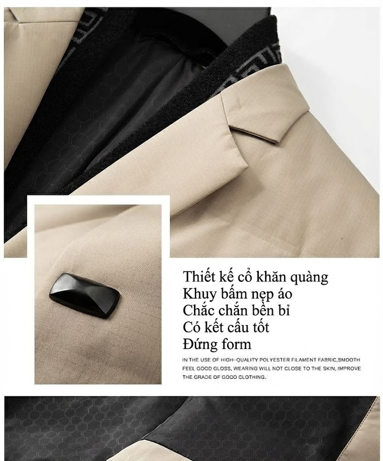 Áo Khoác Phao Nam Lông Vũ Áo Vest Cổ Áo Tháo Rời Màu Be, Đen, Xanh Navy chi tiết 7