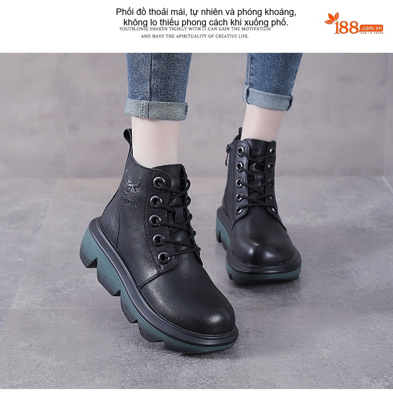 Boot Nữ Da Bò Cổ Cao Phong Cách Anh Quốc Chiều Cao Đế Khoảng 5cm Màu Nâu, Đen chi tiết 14
