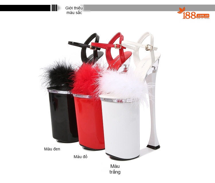 Giày Sandal Cao Gót Nữ Quai Ngang Đính Lông Gót Cao 26cm Màu Đen, Trắng, Đỏ chi tiết 3