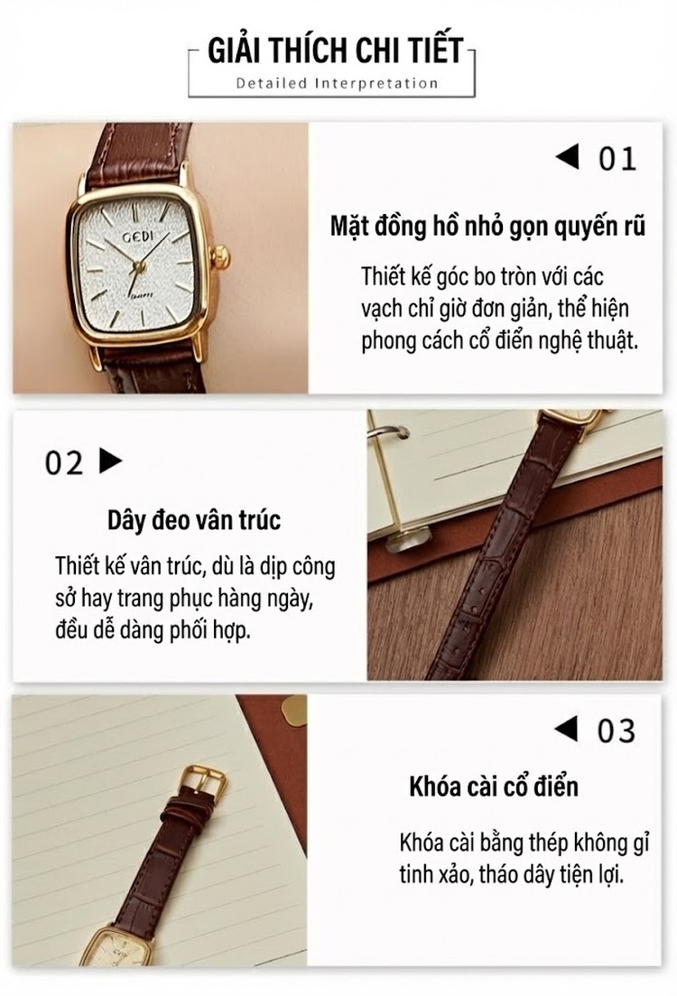 Đồng Hồ Nữ Mặt Vuông Nhỏ Dây Da Thật Cao Cấp Màu Vàng, Đen, Nâu Đỏ, Bạc chi tiết 9