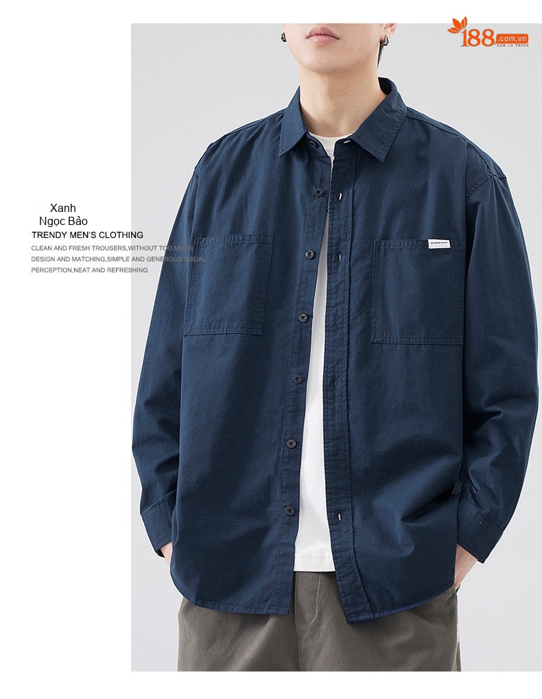 Áo Sơ Mi Dài Tay Nam Cotton Dáng Rộng Phong Cách Retro Màu Xanh Navy, Trắng chi tiết 10