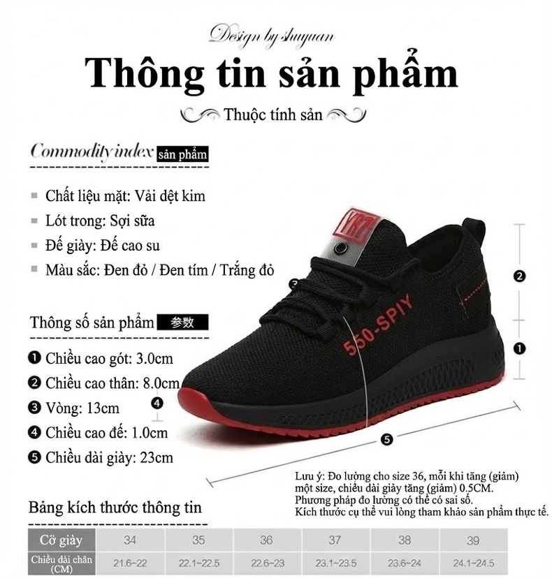 Giày Thể Thao Nữ Vải Lưới Thoáng Khí Chiều Cao Đế Khoảng 3cm Màu Trắng, Đen, Tím chi tiết 6
