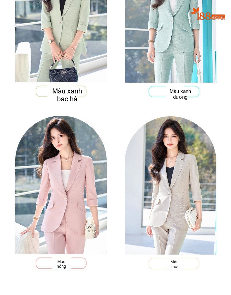 Bộ Vest Công Sở Nữ Tay Lỡ Quần Dài Phong Cách Hàn Quốc Màu Xanh, Hồng, Kaki chi tiết 7