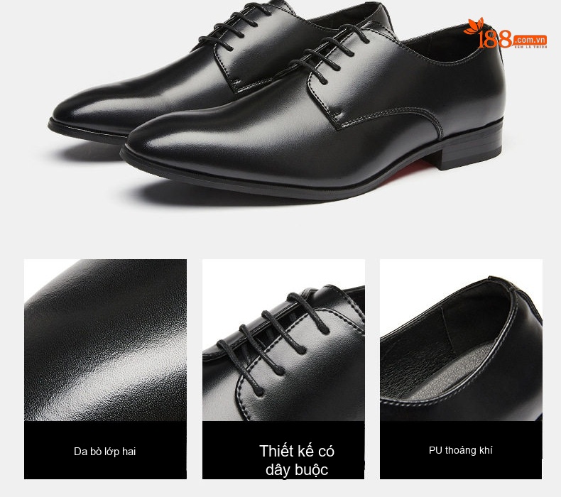 Giày Tây Buộc Dây Nam Da Bóng Chiều Cao Đế Khoảng 3cm Màu Đen, Nâu chi tiết 4