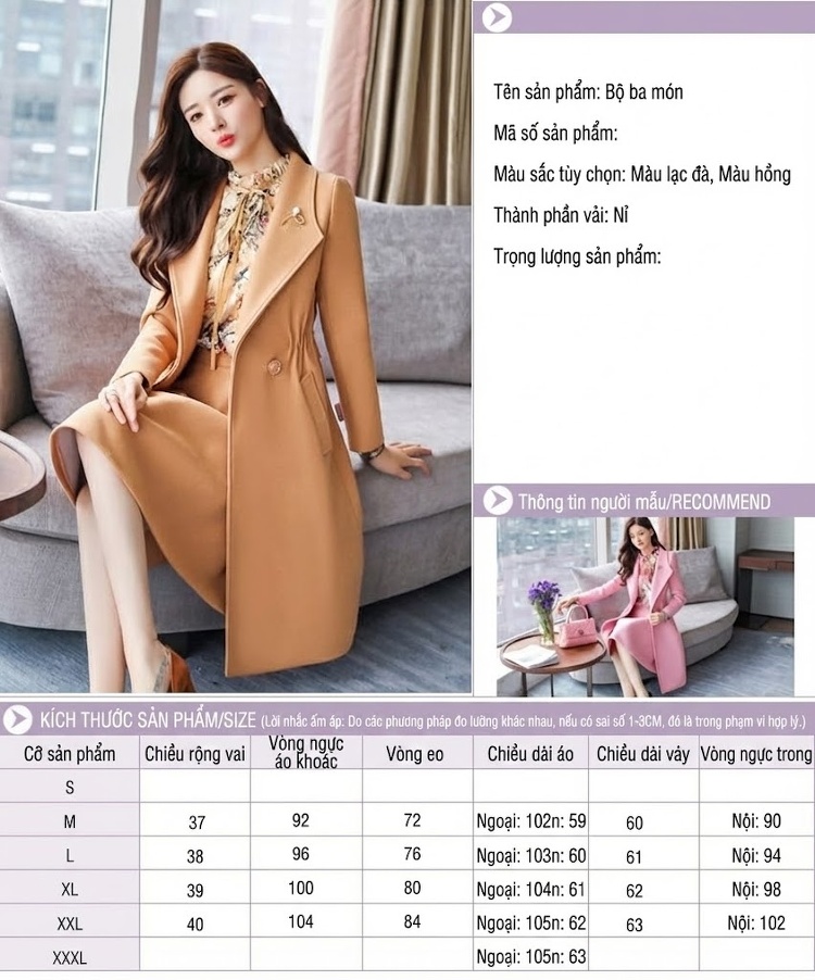 Set Bộ Áo và Chân Váy Dài Tay Nữ Chất Liệu Dạ Mềm Mại Màu Hồng, Vàng chi tiết 2