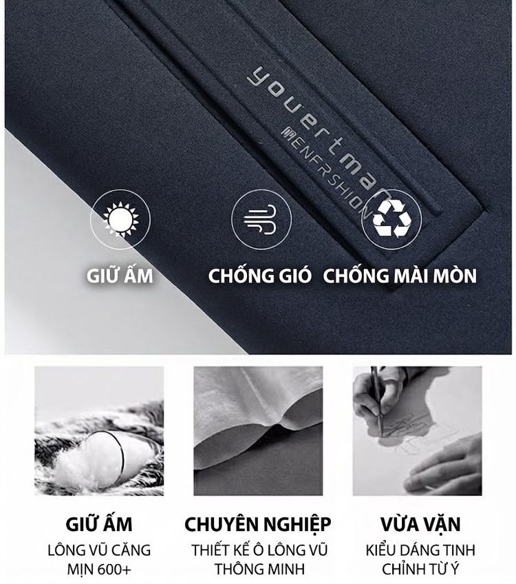 Áo Khoác Phao Nam Lông Ngỗng 90 Kiểu Dáng 5 in 1 Tháo Rời Mũ Màu Đen, Xanh Navy chi tiết 9