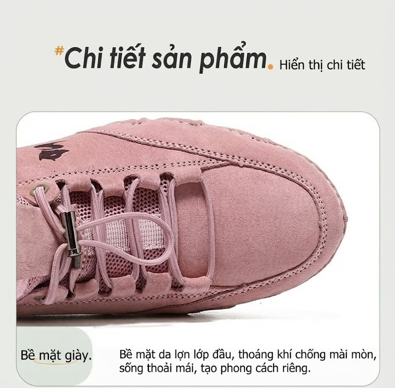 Giày Outdoor Buộc Dây Nữ Da Thật Bàn Chân To Chiều Cao Đế Khoảng 3cm Màu Hồng, Nâu, Xám, Đen chi tiết 5