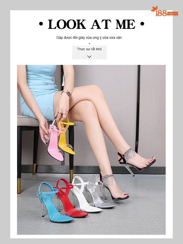 Giày Sandal Cao Gót Nữ Quai Trong Suốt Gót Cao 11cm Màu Đỏ, Trắng, Vàng, Đen... chi tiết 1