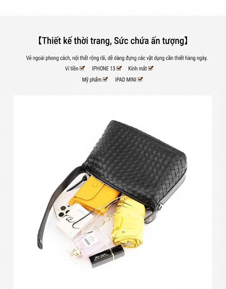 Túi Xách Tay Nữ Da Bò Đan Móc Quai Đeo Vai Dáng Bánh Bao Màu Nâu, Đen chi tiết 4