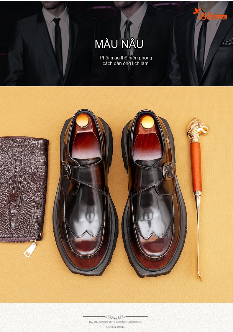 Giày Monkstrap Khóa Cài Nam Da Bò Chiều Cao Đế Khoảng 5cm Màu Đen, Nâu chi tiết 4