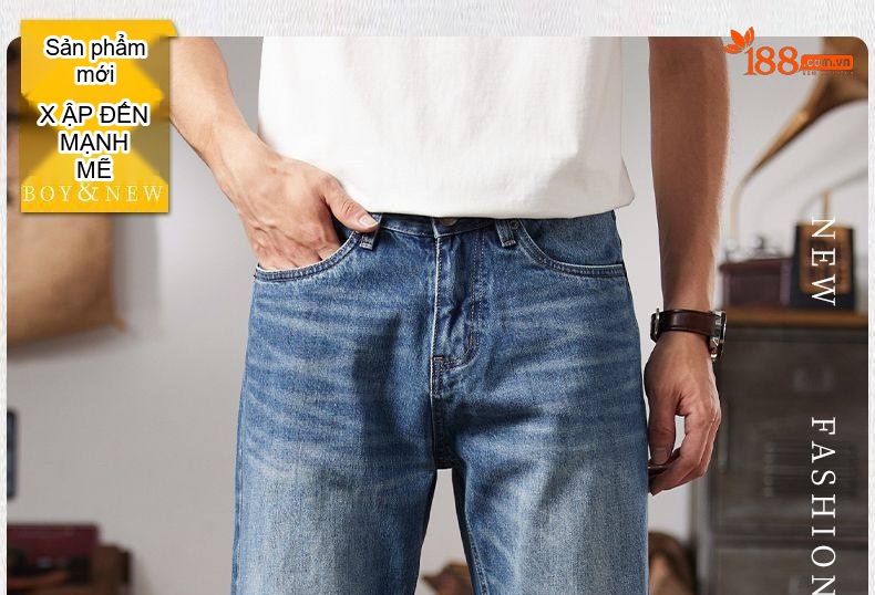 Quần Jean Nam Ống Đứng Dáng Rộng Cổ Điển Cao Cấp Màu Xanh Dương chi tiết 1