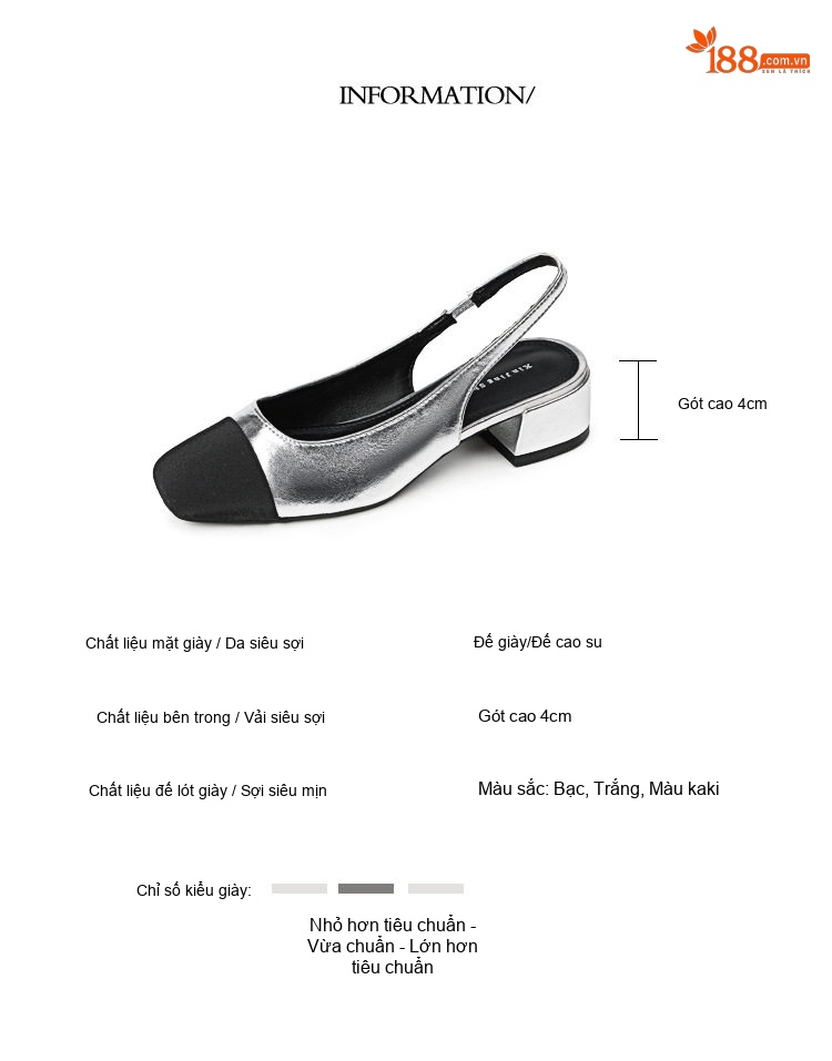 Giày Slingback Nữ Mũi Vuông Gót Trụ Bít Mũi Hở Gót Chiều Cao Đế Khoảng 3.5cm Màu Đen, Kem, Bạc chi tiết 2