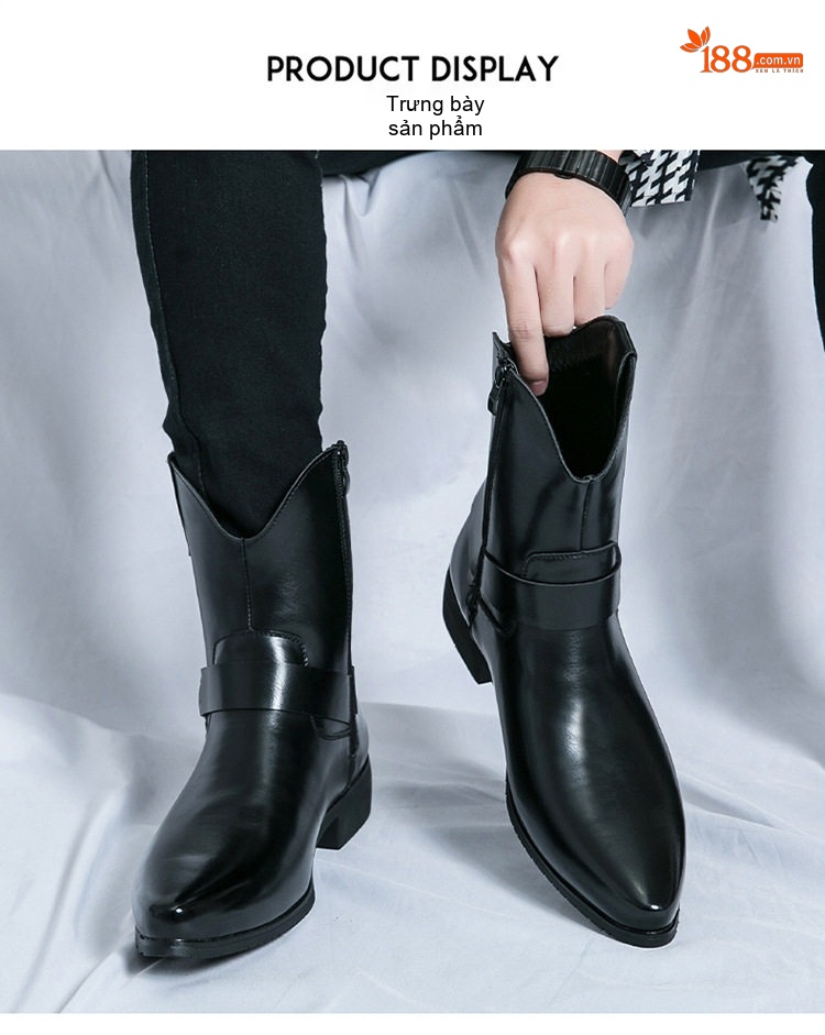 Giày Boot Martin Nam Cổ Cao Khóa Kéo Da Bóng Mũi Nhọn Chiều Cao Đế Khoảng 3cm Màu Đen, Nâu chi tiết 9