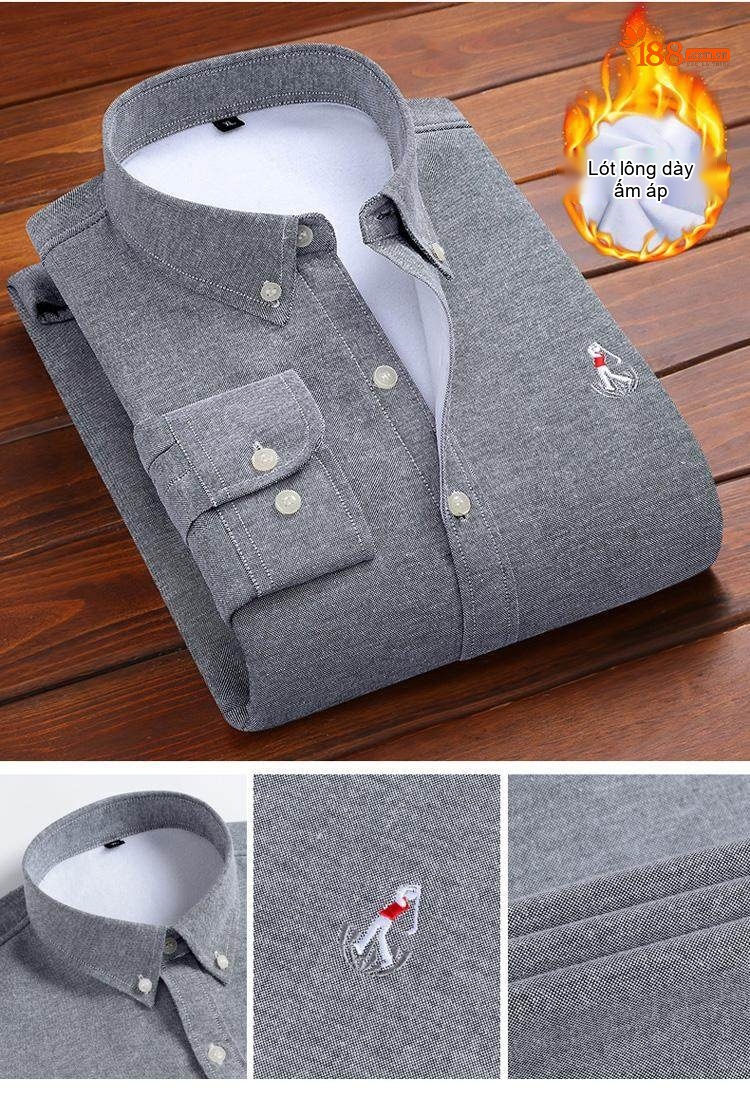 Áo Sơ Mi Nam Dài Tay Cotton Oxford Lót Lông Dày Dặn Thêu Hình Màu Xanh Dương, Xanh Navy, Tím, Đỏ... chi tiết 7