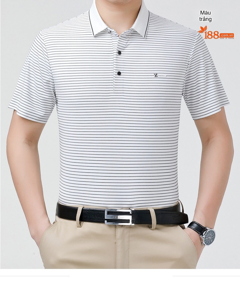 Áo Polo Nam Trung Niên Cổ Bẻ Họa Tiết Sọc Ngắn Tay Chất liệu Ice Silk Không Nhăn Màu Xám, Trắng, Xanh Đen... chi tiết 17