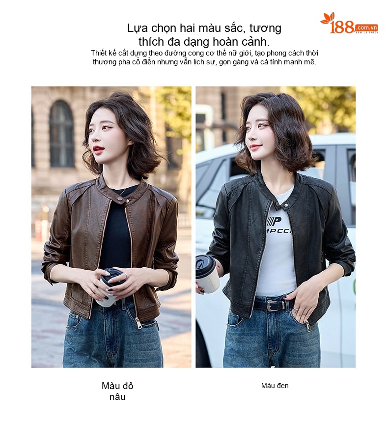 Áo Khoác Da Kiểu Bomber Nữ Dáng Ngắn Da Bóng Màu Đen, Nâu chi tiết 2