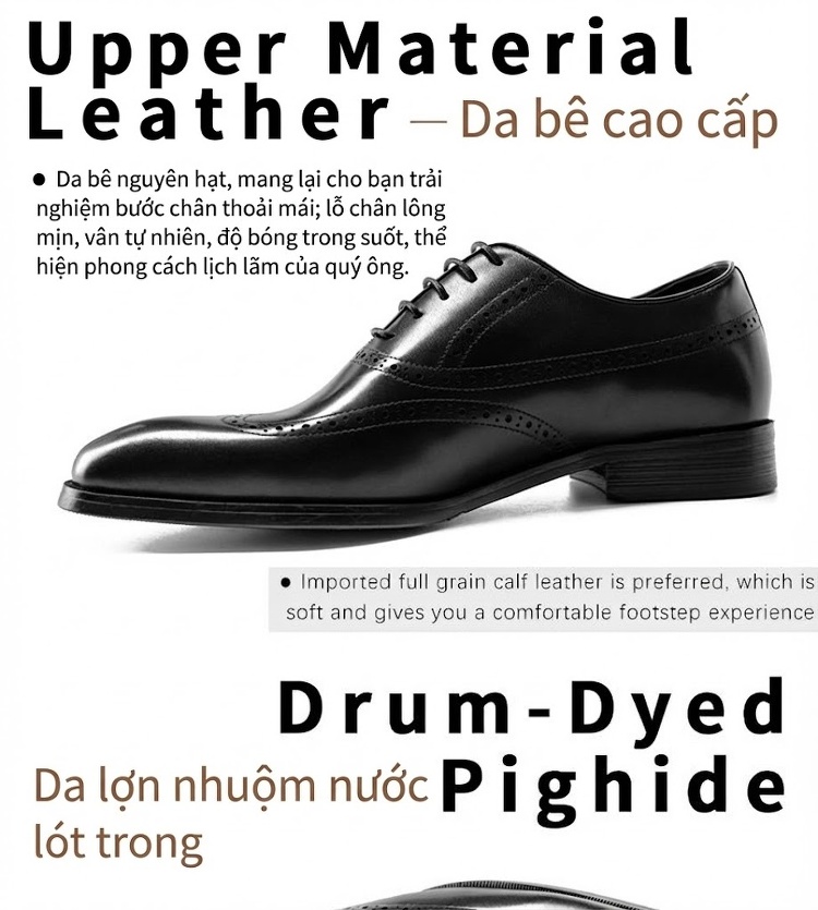 Giày Tây Oxford Buộc Dây Nam Da Bò Lớn Size Chiều Cao Đế Khoảng 3cm Màu Đen, Nâu chi tiết 4