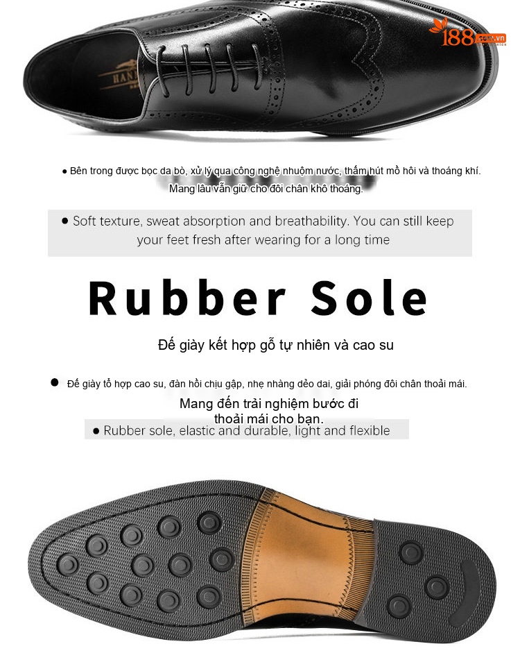Giày Tây Oxford Buộc Dây Nam Da Bò Lớn Size Chiều Cao Đế Khoảng 3cm Màu Đen, Nâu chi tiết 5