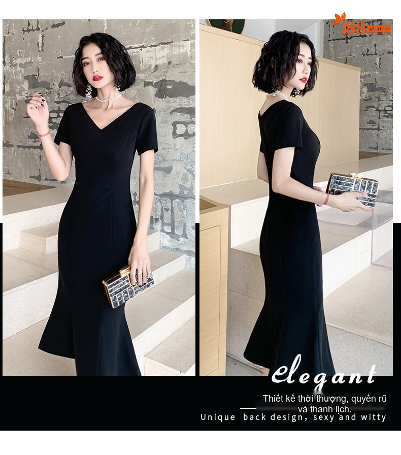 Váy Đầm Dạ Hội Đuôi Cá Dáng Dài Qua Gối Phong Cách Thanh Lịch Màu Đen, Đỏ, Trắng chi tiết 6
