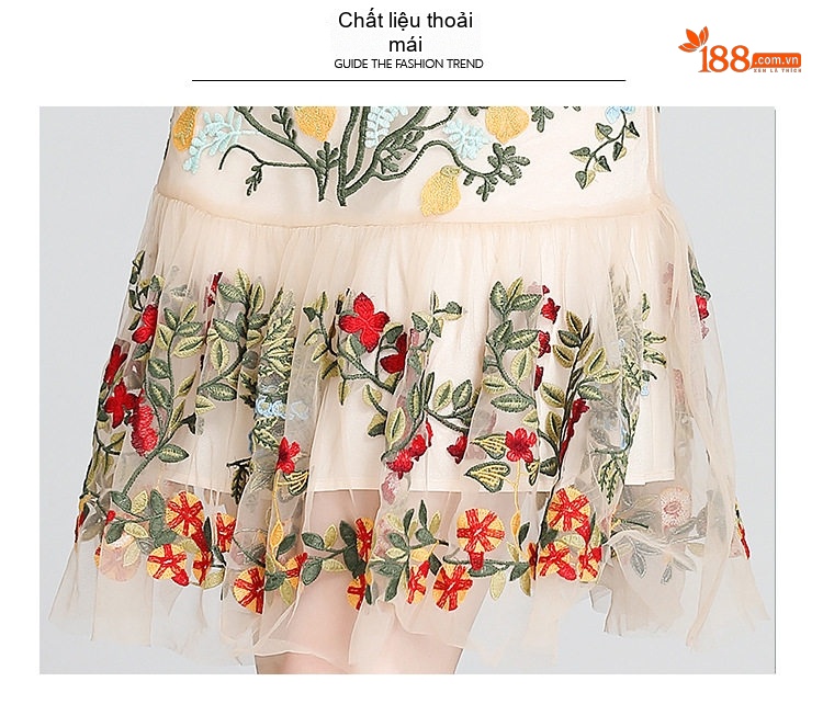Đầm Ôm Body Tay Ngắn Ren Hoa Nổi Lưới Thêu Eo Cao Bèo Nhún Màu Be Thêu Hoa chi tiết 7