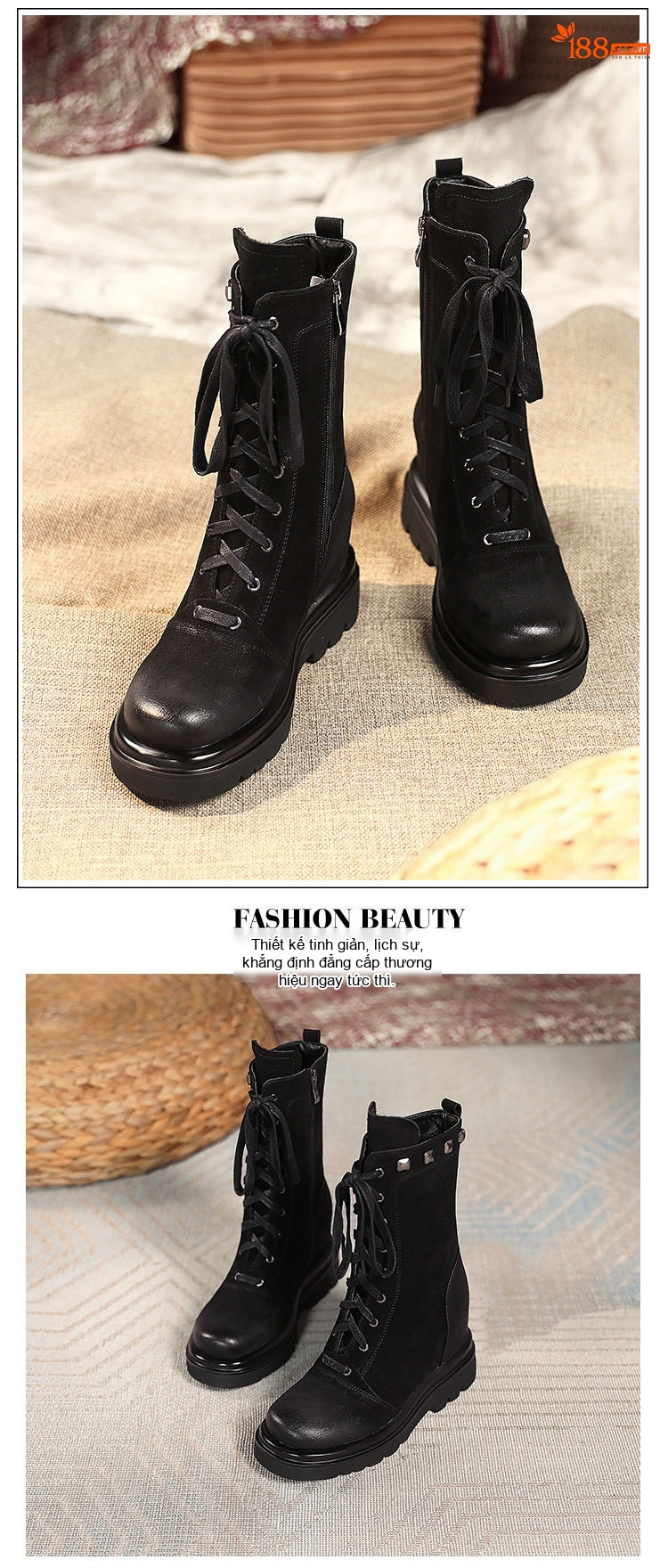 Boot Nữ Cổ Ngắn Đế Xuồng Dây Buộc Phong Cách Anh Quốc Chiều Cao Đế 10cm Màu Nâu, Đen chi tiết 3