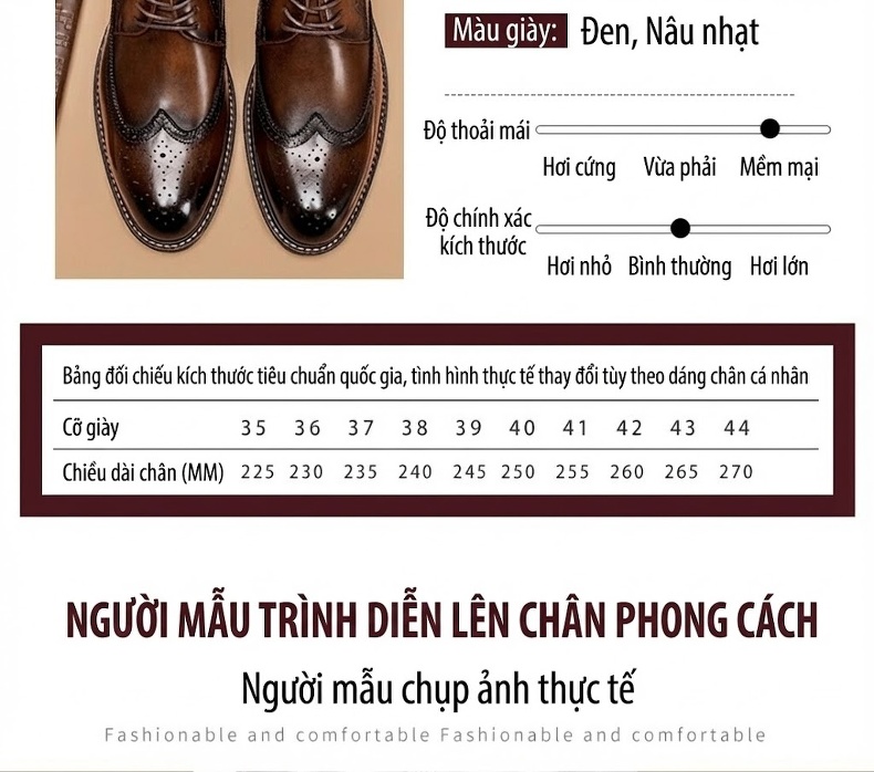 Giày Tây Buộc Dây Nam Da Thật Mũi Brogue Chiều Cao Đế Khoảng 3cm Màu Nâu chi tiết 9
