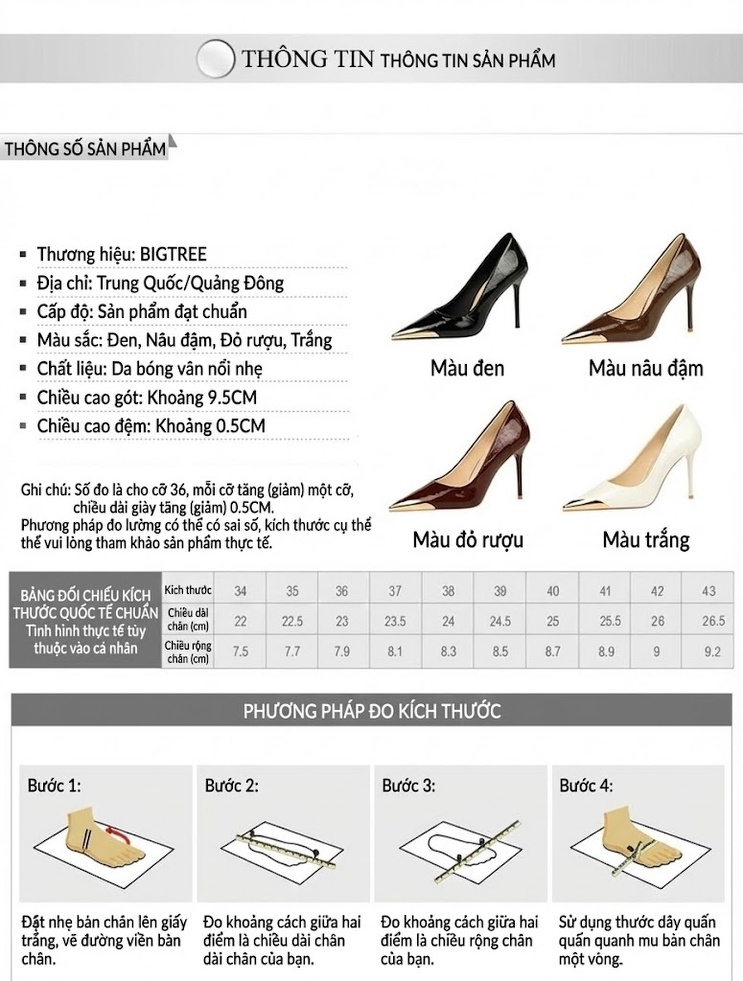 Giày Cao Gót Nữ Mũi Nhọn Trang Trí Kim Loại Da Bóng Chiều Cao Đế Khoảng 8cm Màu Đen, Nâu, Trắng... chi tiết 1