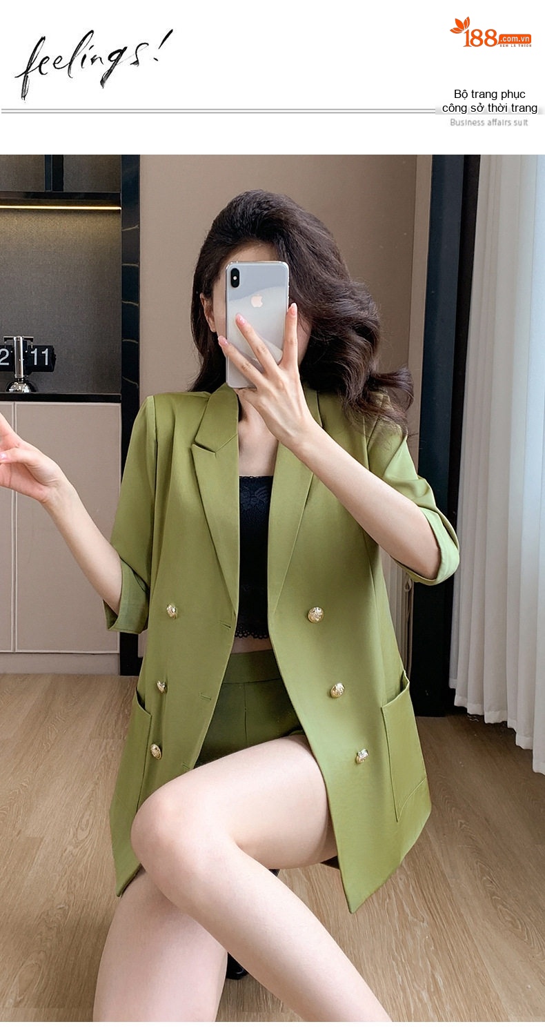 Bộ Vest Nữ Mùa Hè Áo Blazer Tay Lỡ Quần Short Ống Rộng Màu Xanh Lá, Kaki chi tiết 20