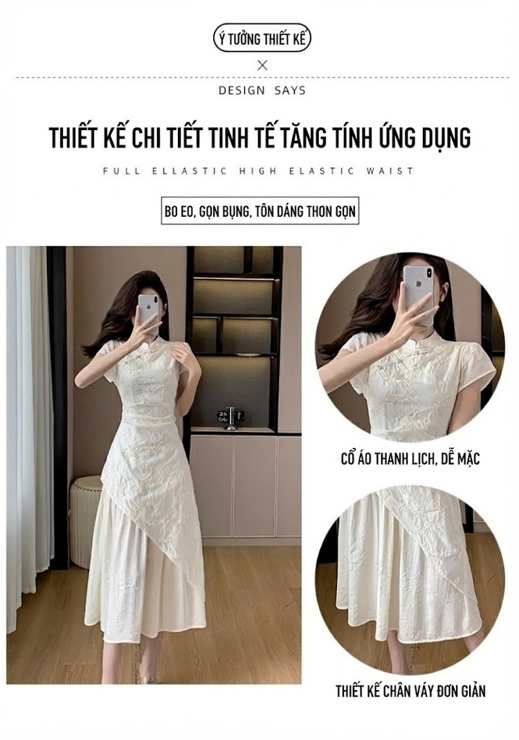 Váy Suông Quốc Phong Thêu Họa Tiết Cổ Tàu Cách Tân Xẻ Tà Màu Kem chi tiết 3