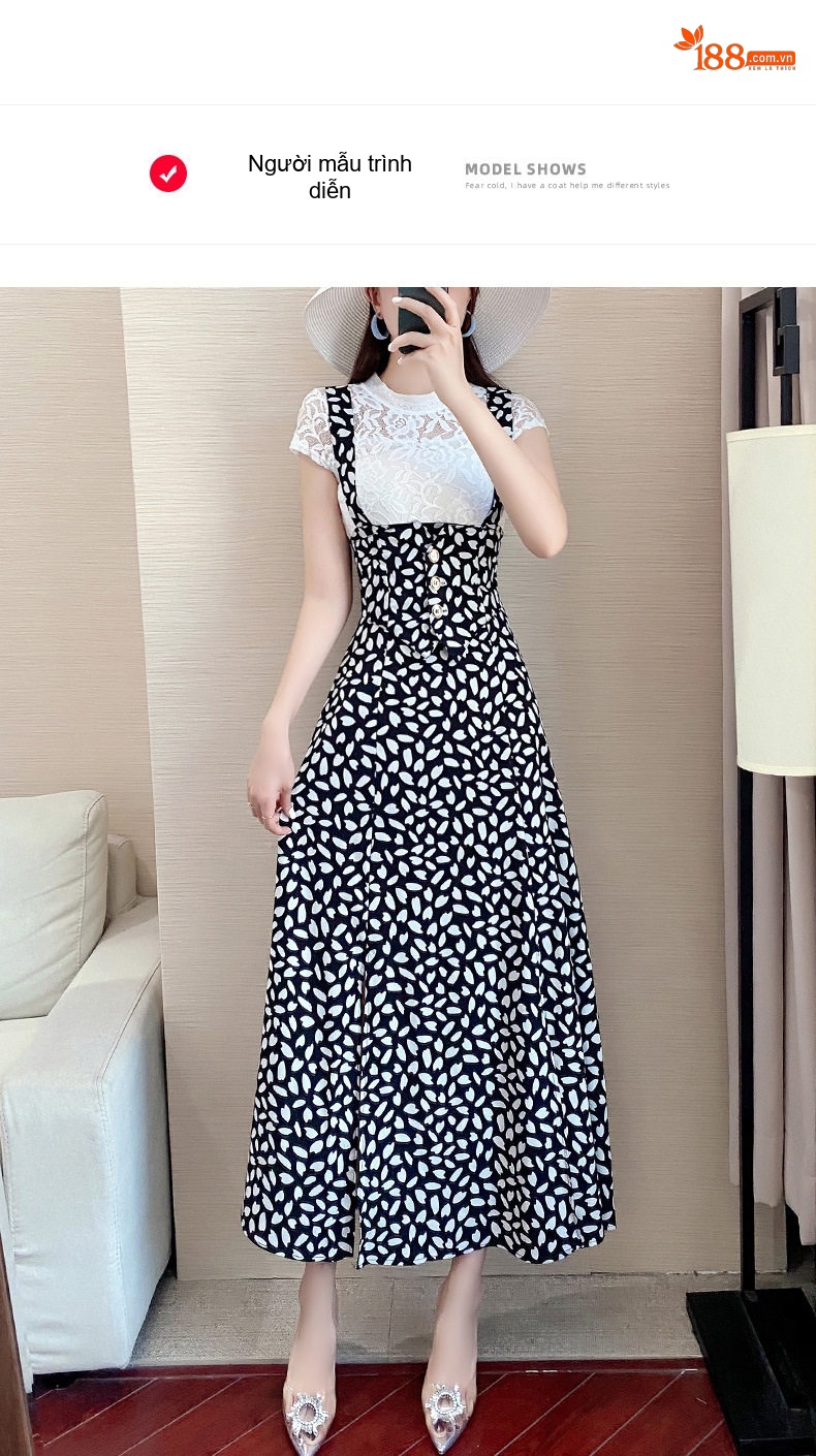 Set Áo Ren Tay Ngắn và Váy Yếm Dài Họa Tiết chi tiết 9