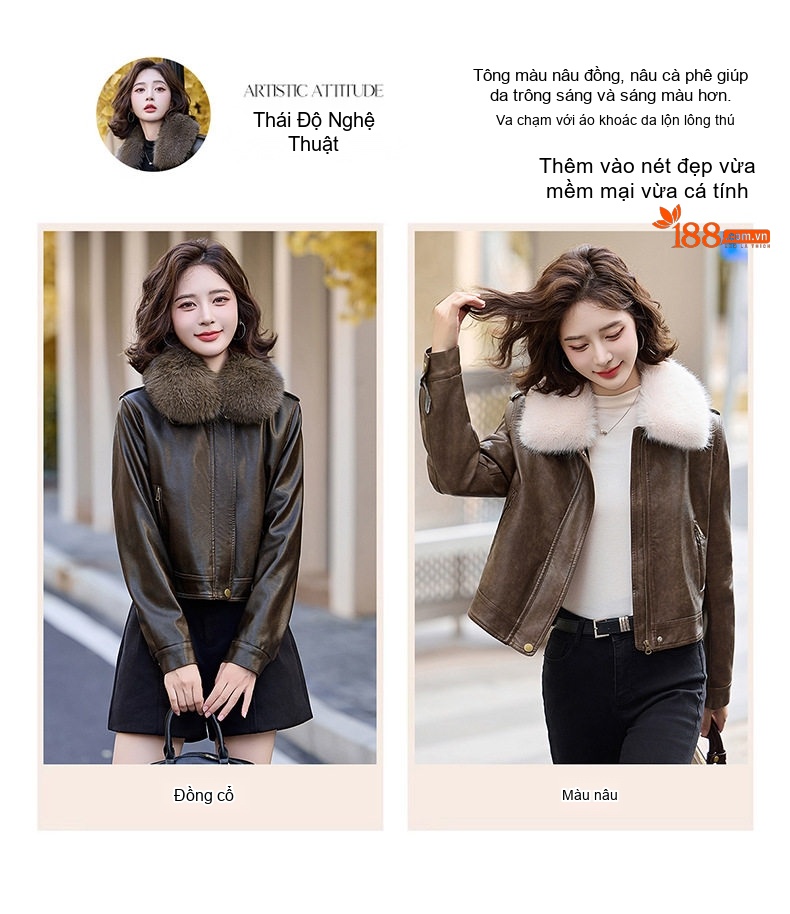 Áo Khoác Da PU Nữ Cổ Lông Dày Dặn Kiểu Bomber Màu Nâu, Trắng chi tiết 4